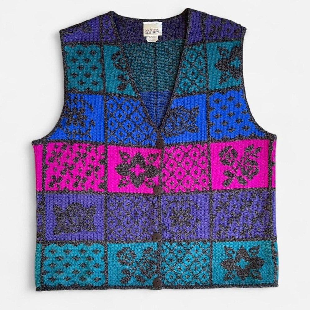 Vintage Classic Elements Multicolored Bright Floral Knit Sweater Vest M 90s